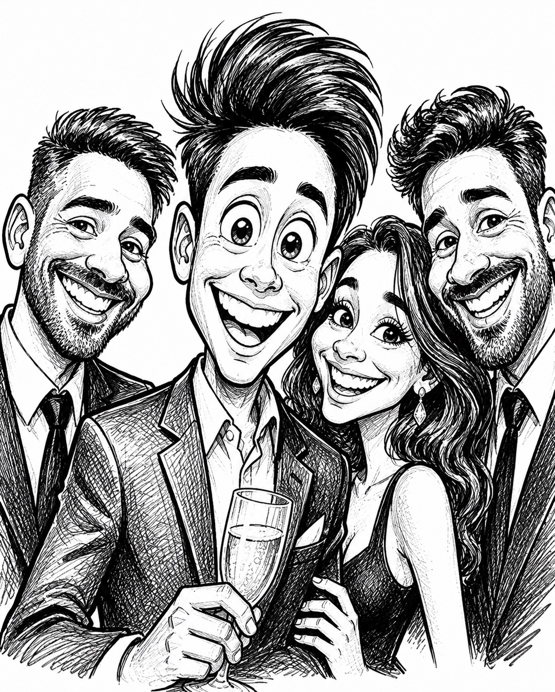GroupBooth AI Caricature example: four guests rendered in vibrant cartoon style at a formal event